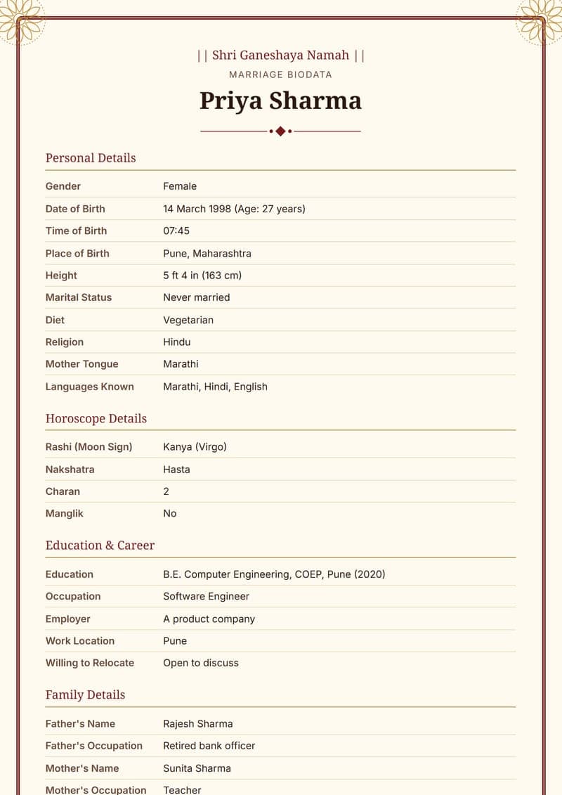 Classic Hindu marriage biodata design