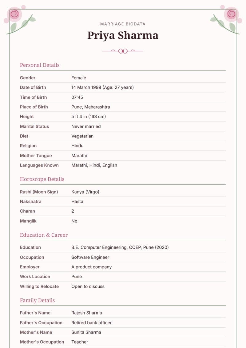 Floral Blush marriage biodata design