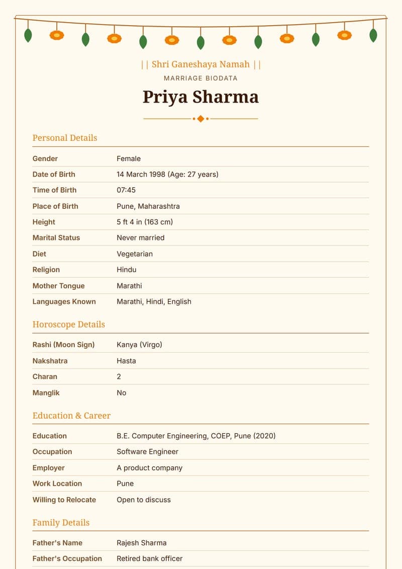 Marigold Toran marriage biodata design
