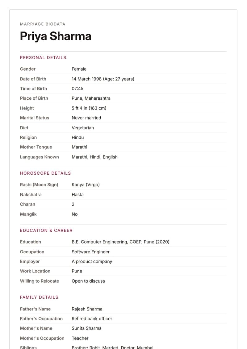 Modern Minimal marriage biodata design