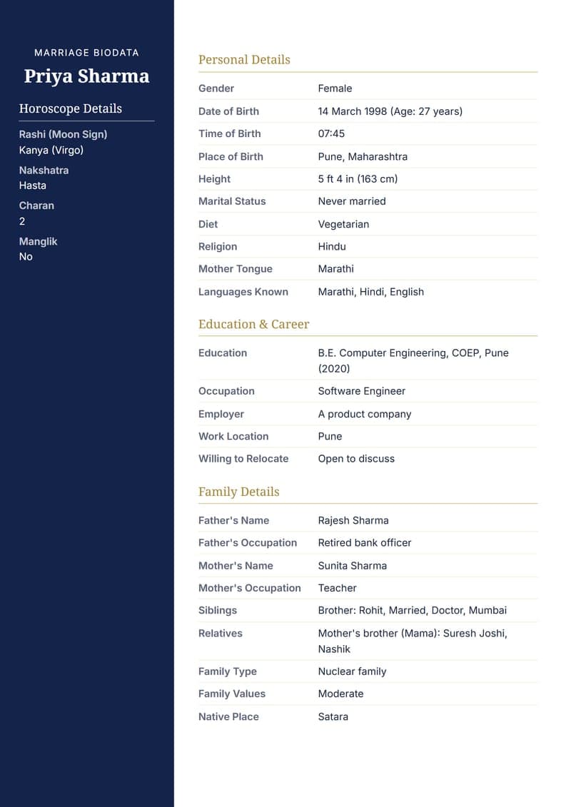 Navy and Gold marriage biodata design