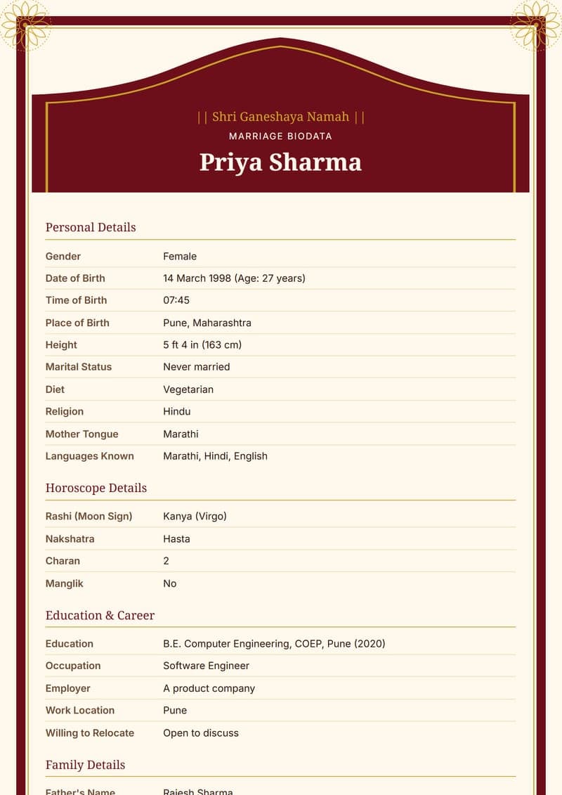 Royal Maroon and Gold marriage biodata design