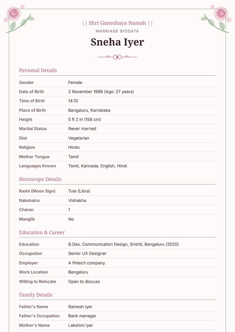 Sample: Biodata format for girls