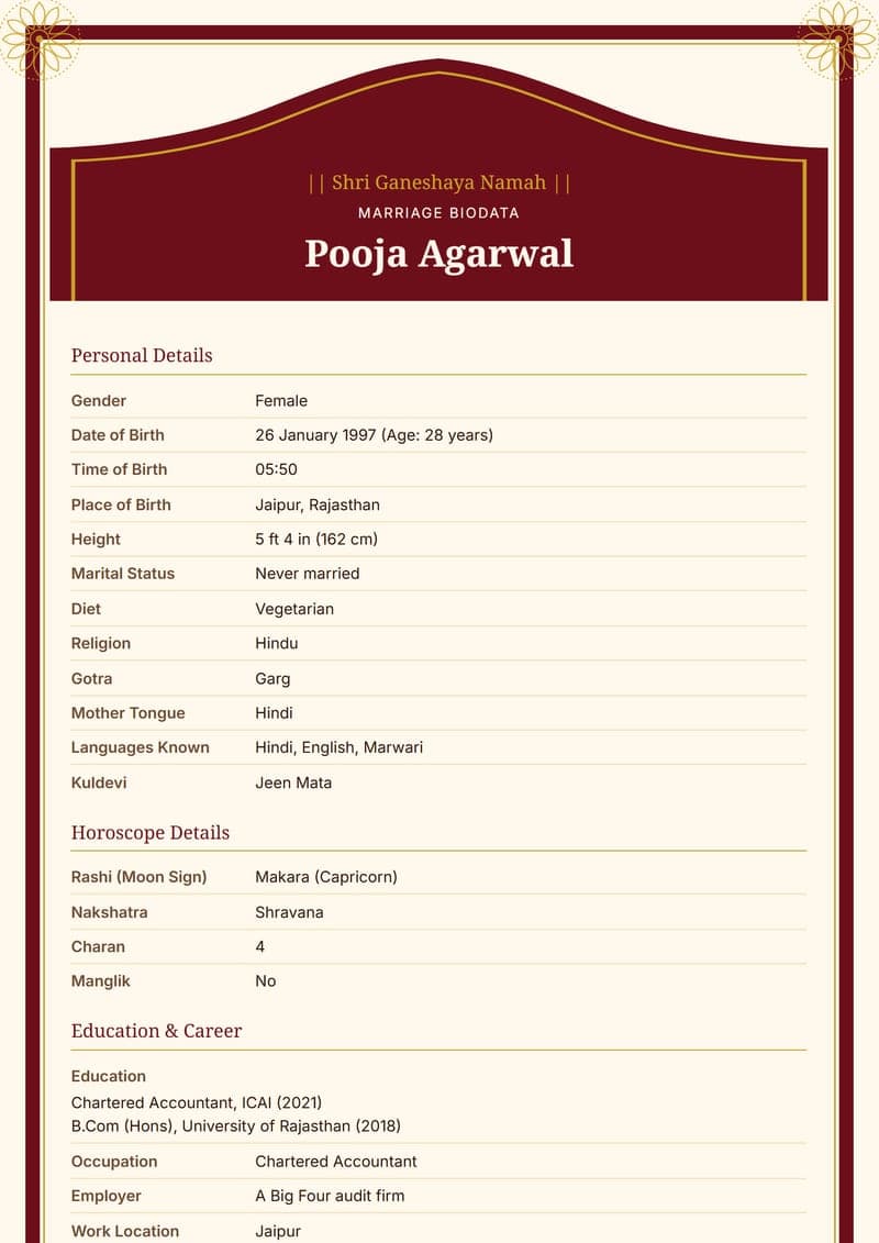 Sample: Hindu biodata format