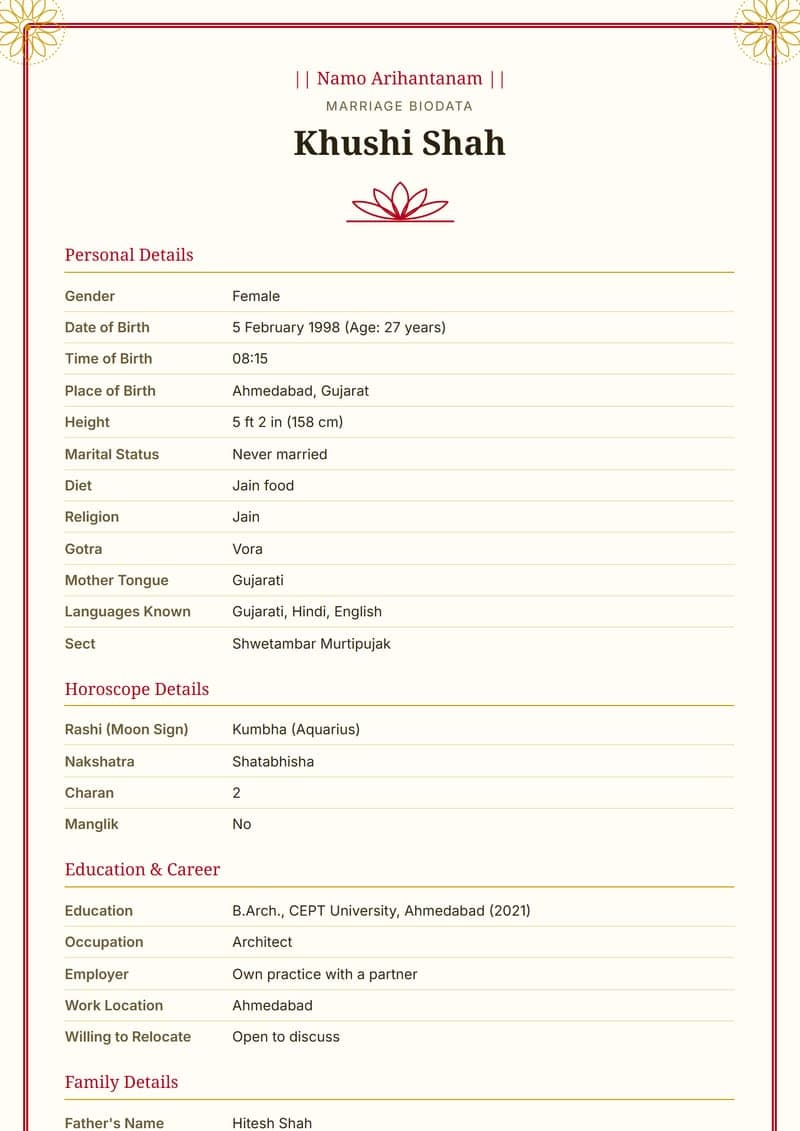 Sample: Jain biodata format