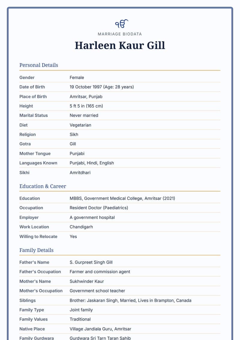 Sample: Sikh biodata format