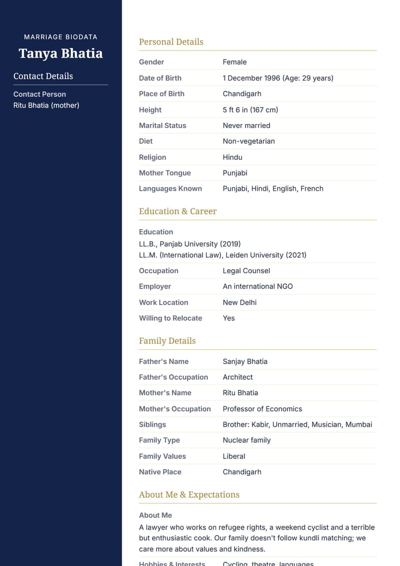 Sample: Biodata without horoscope