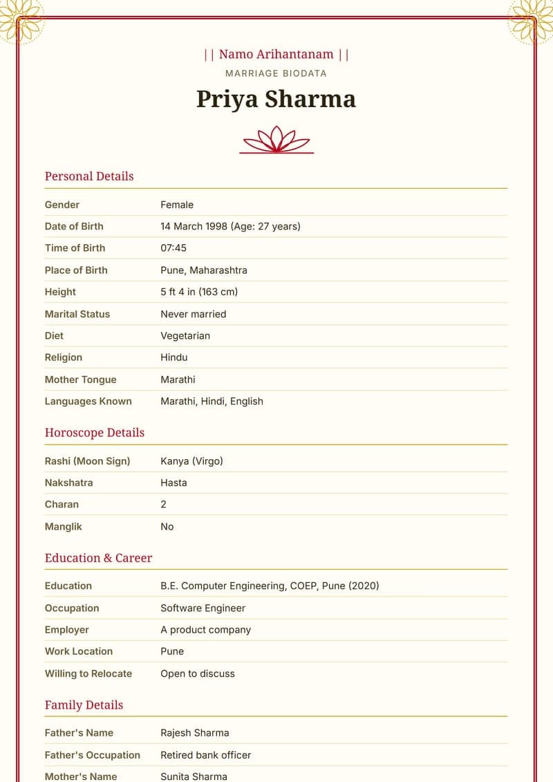 Jain marriage biodata design