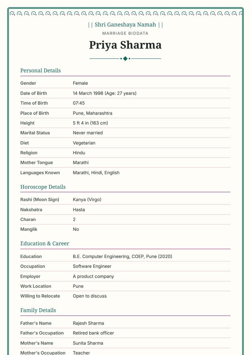 Marathi Paithani marriage biodata design