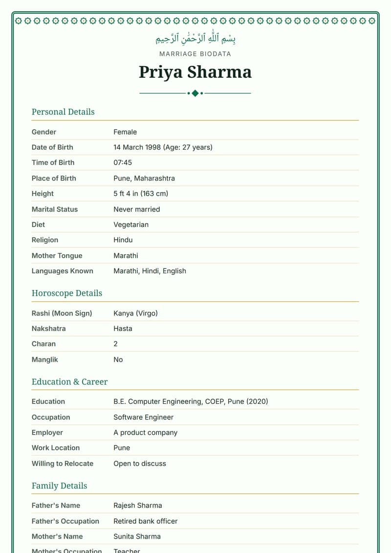 Muslim marriage biodata design