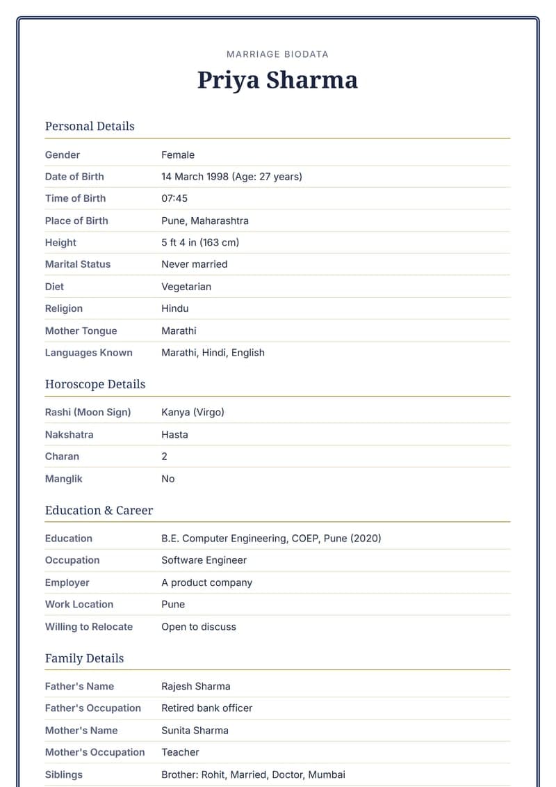 NRI: English and your language marriage biodata design