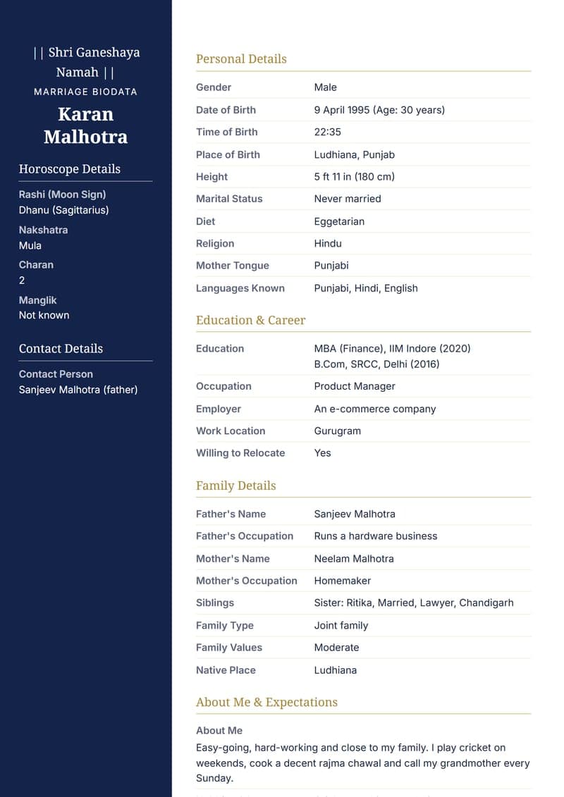 Sample: Biodata format for boys