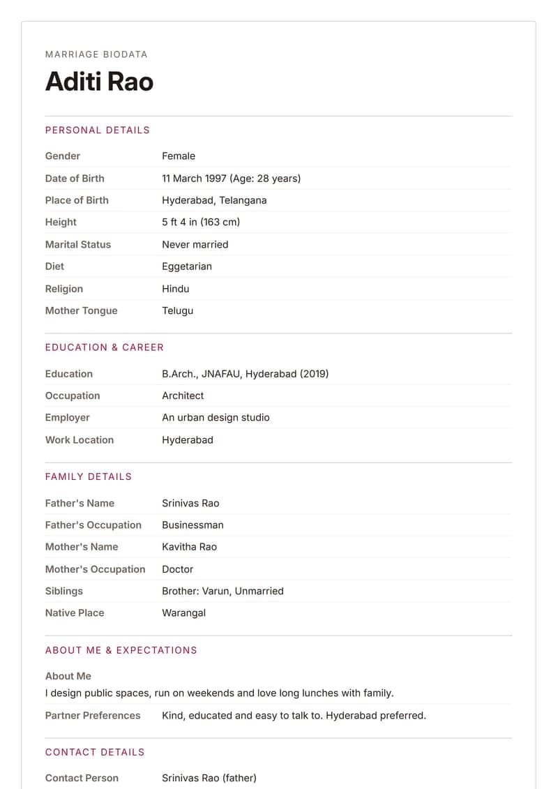 Sample: Simple biodata format