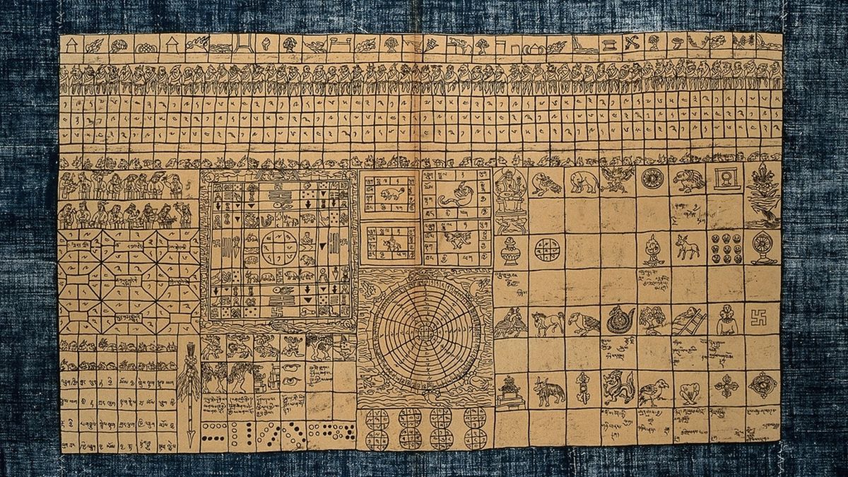 An old hand-drawn astrological chart with symbols in a grid