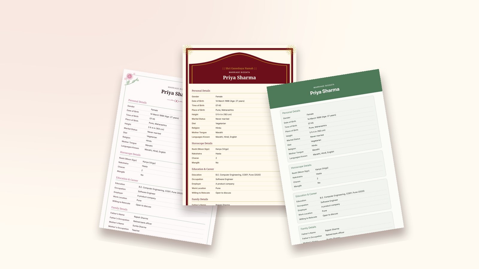 Three marriage biodata designs fanned out on a cream background