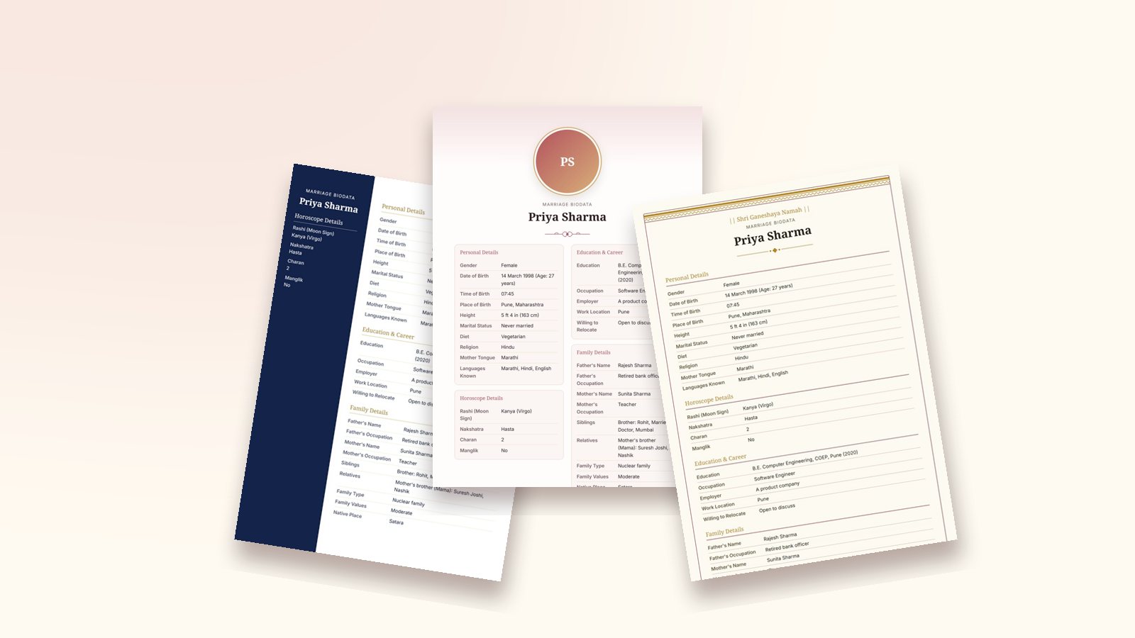 Three modern marriage biodata designs on a cream background